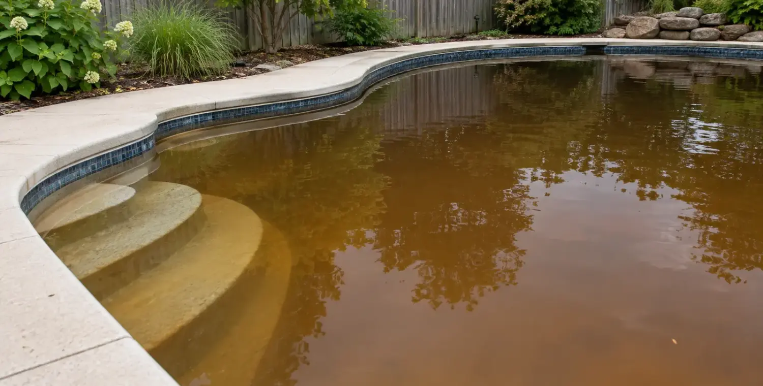 Tea-brown water surrounds pale steps in a residential backyard pool.