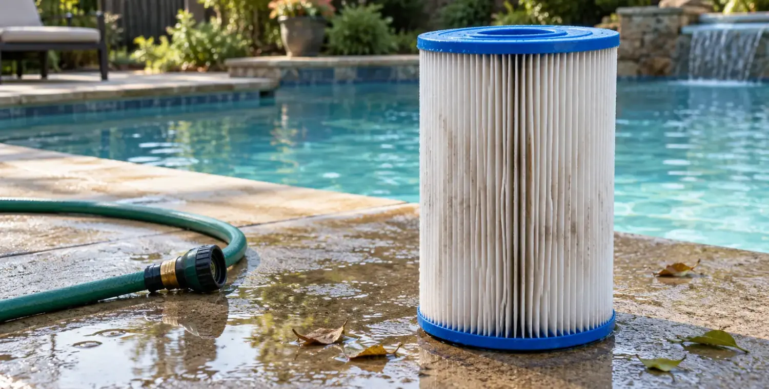 A pleated pool filter cartridge beside a garden hose on a wet pool deck.