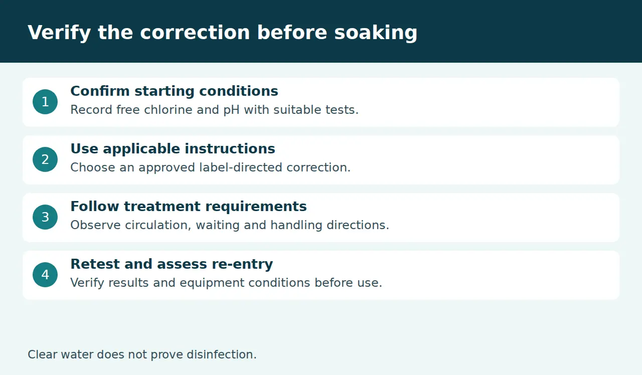 Safe hot tub chlorine correction and re-entry verification sequence