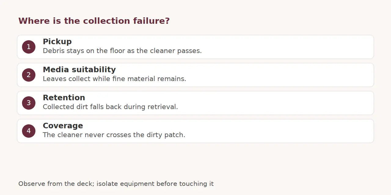 Collection observations: debris stays on the floor, fine material remains, dirt escapes during retrieval or the cleaner misses a patch.