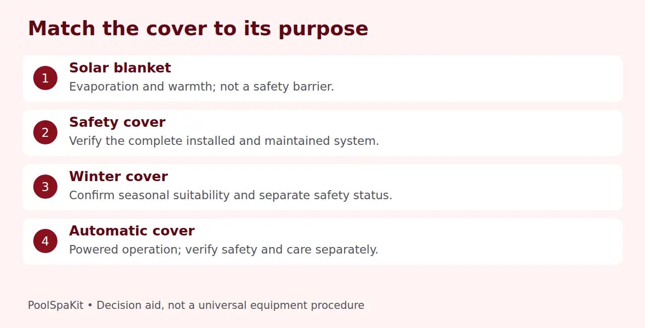 Purpose and safety distinctions for solar blankets, safety covers, winter covers and automatic covers.