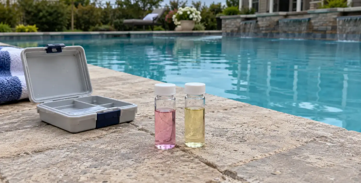 Two capped vials containing pink and yellow water beside an open testing case on pool coping.