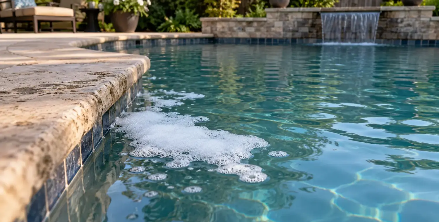 A patch of white foam floats beside weathered coping in a backyard swimming pool.