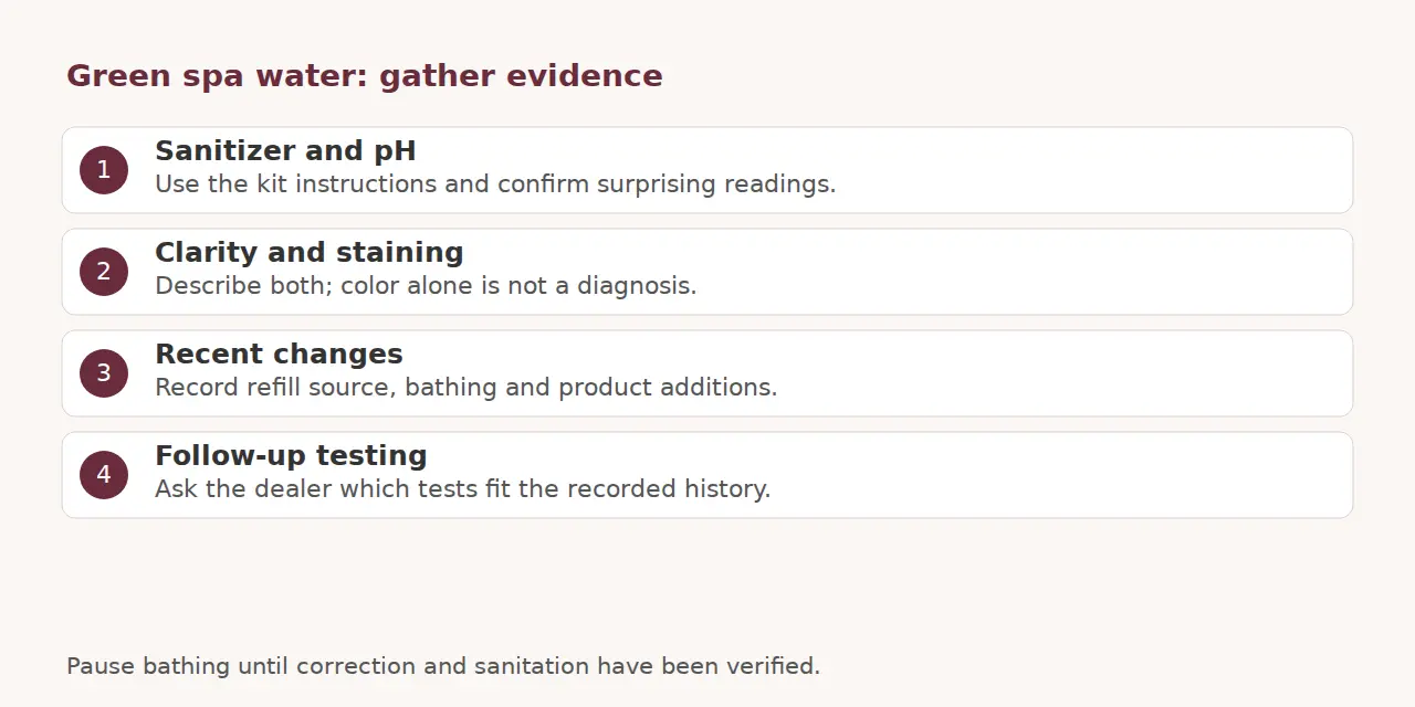 Checklist covering sanitizer and pH, clarity and staining, recent changes, and follow-up testing.