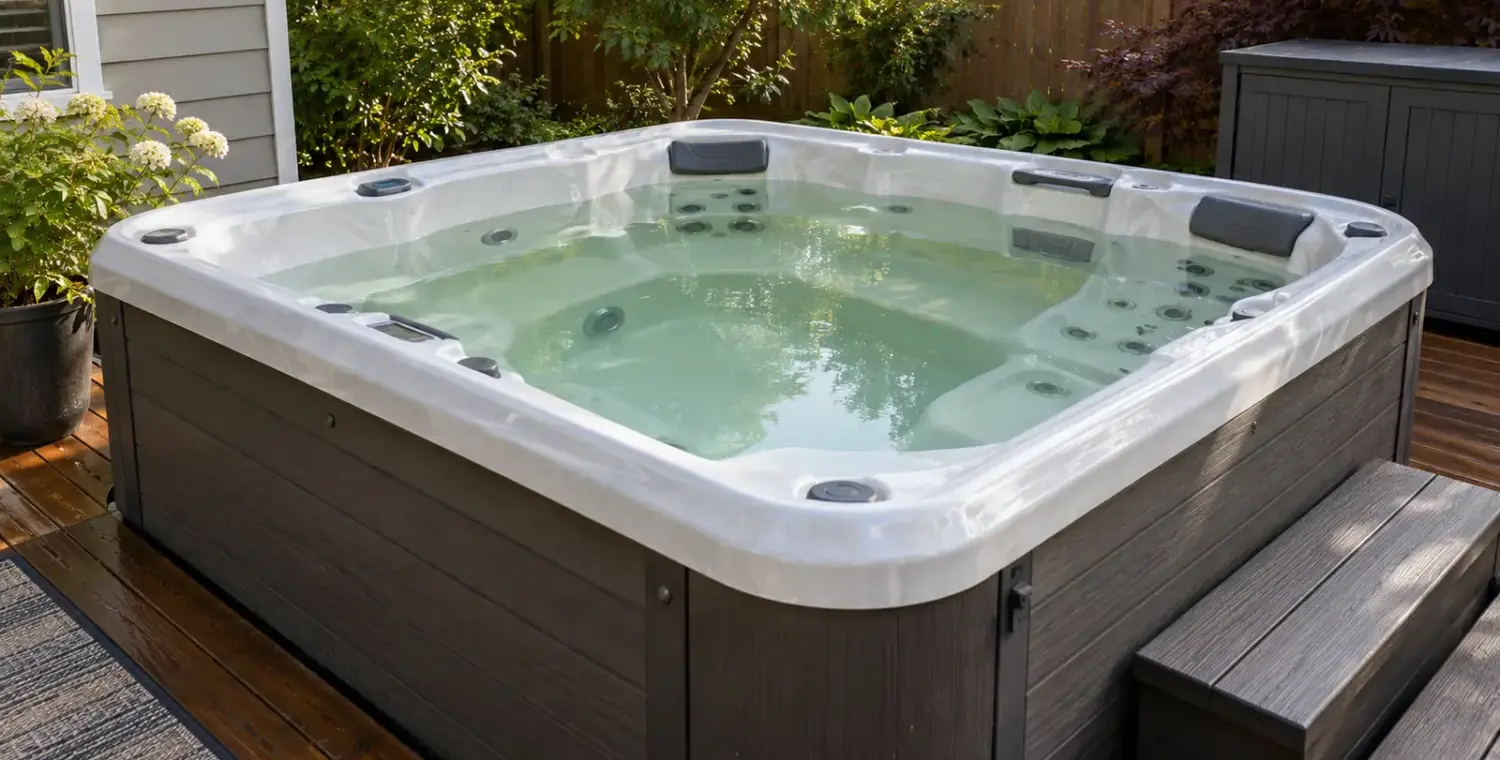 Muted green water in a white backyard hot tub beside weathered decking.