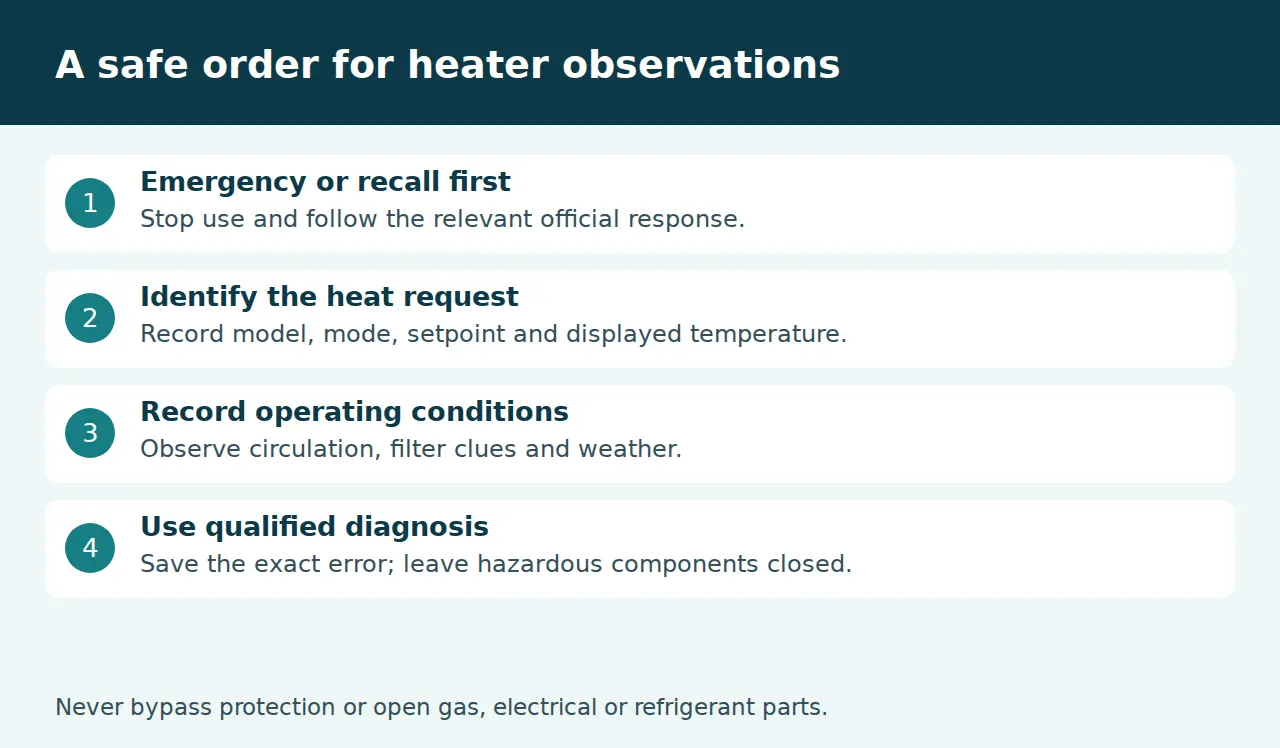 Safe initial observations for a pool heater that is not heating