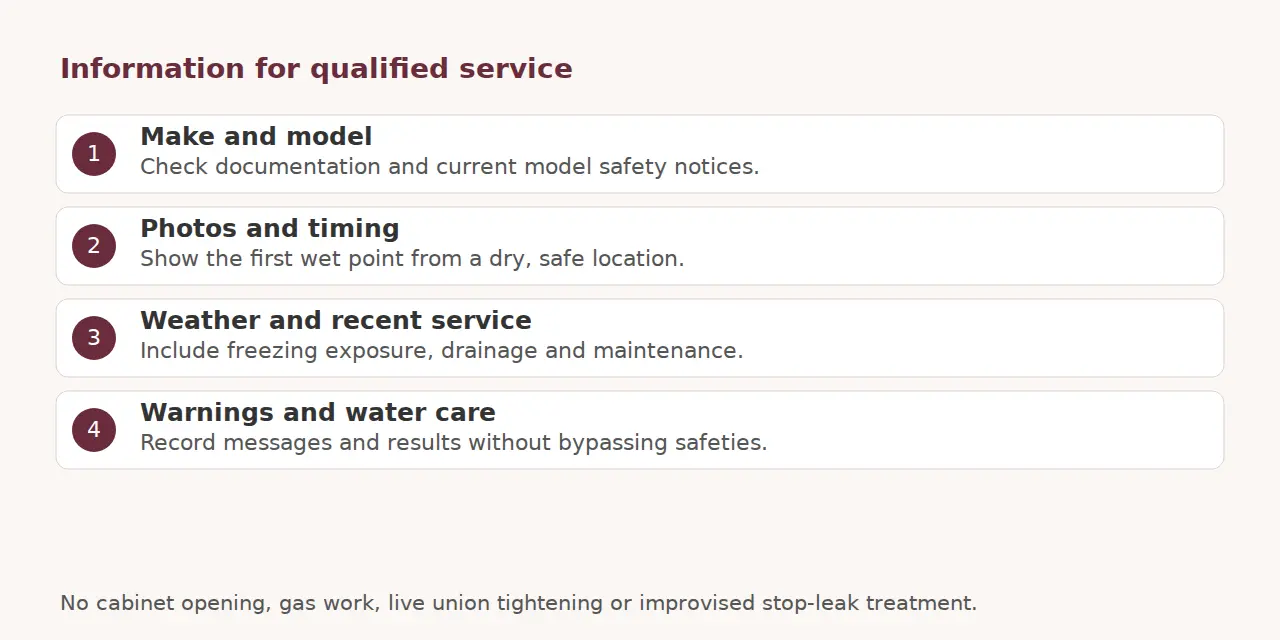 Checklist of model, photos, weather, service history, warnings and water-care records for qualified service.