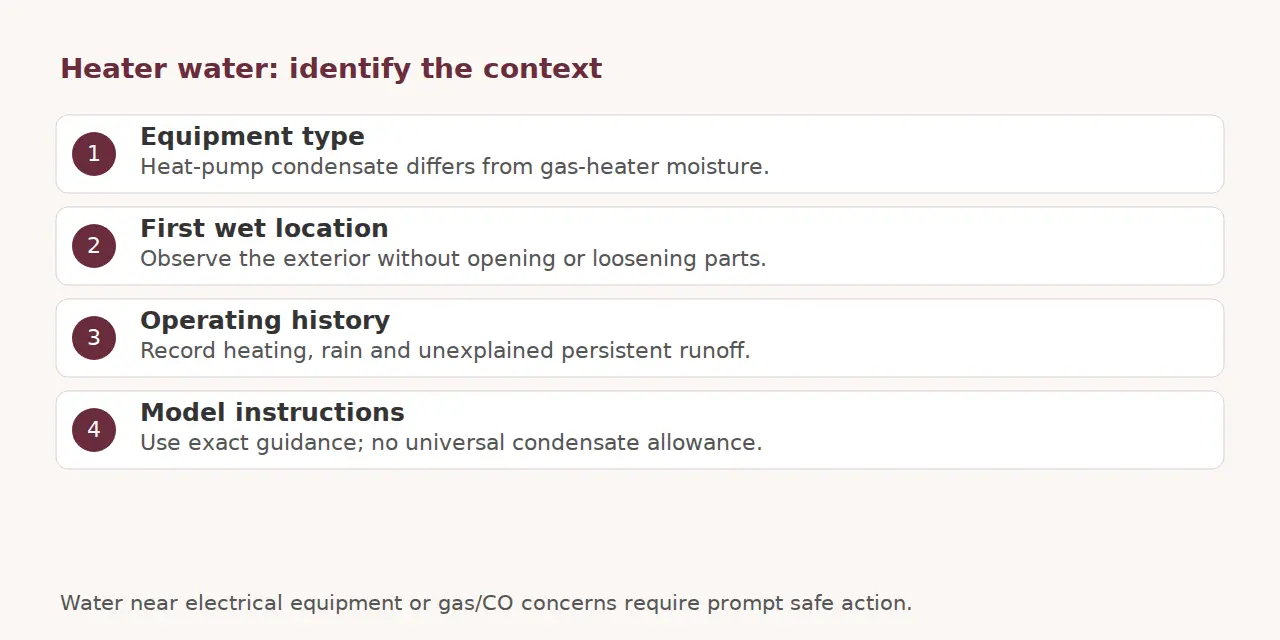 Checklist for heater type, first wet location, operating history and exact-model instructions.