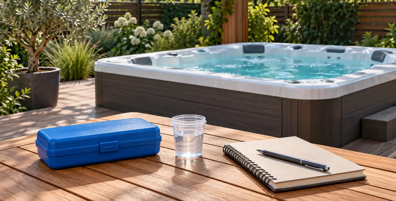 Illustration of a closed test kit, sample cup and notebook beside a shaded residential spa