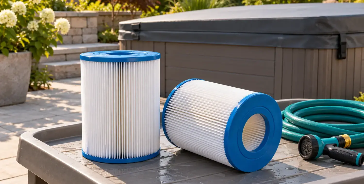 Illustration of pleated spa filter cartridges on a clean tray beside an unused garden hose
