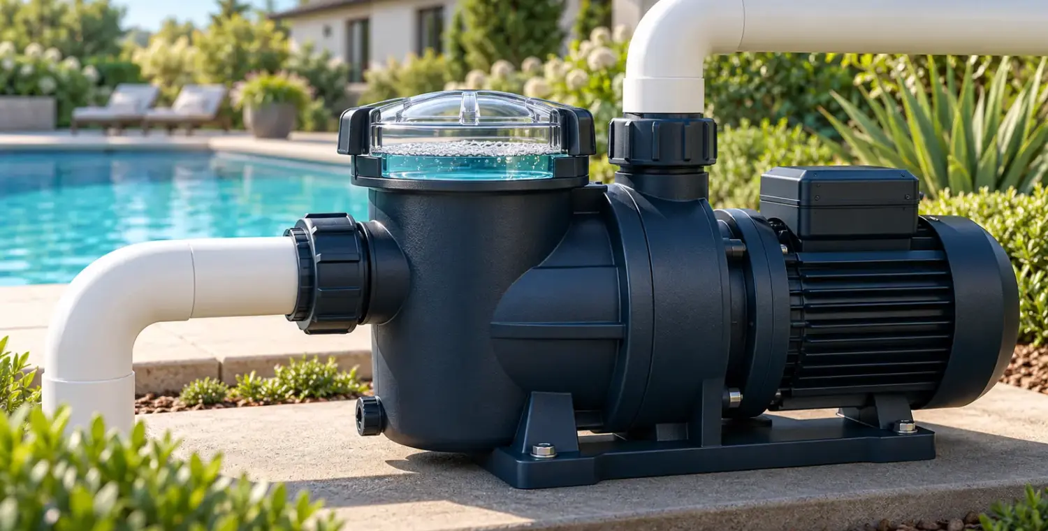 Illustration of a closed pool pump with a transparent strainer lid on a dry equipment pad