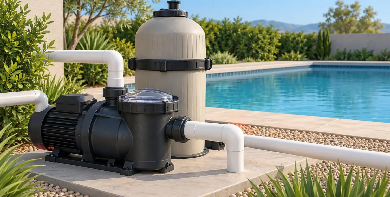 Illustration of closed pool circulation equipment beside a still residential pool