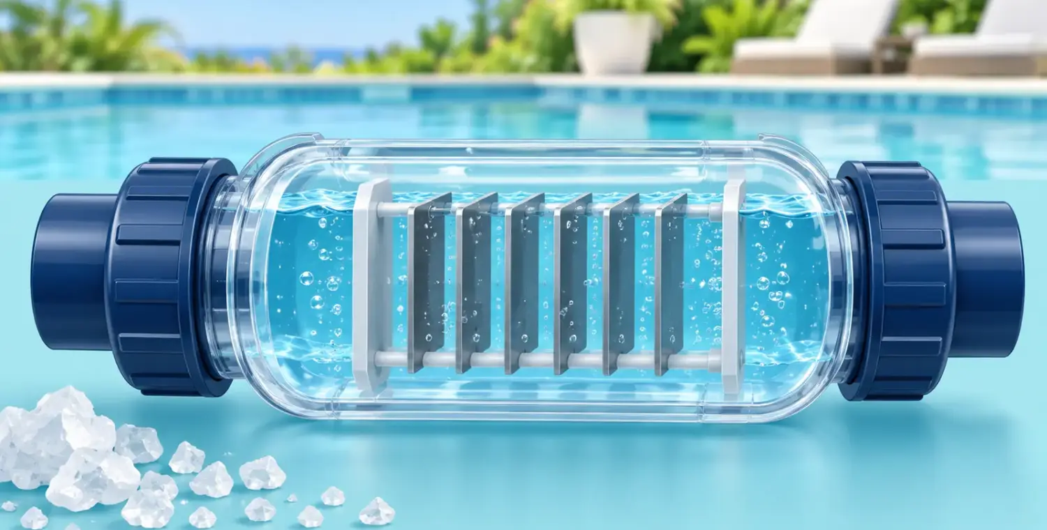 Conceptual cutaway illustration of water and electrode plates inside a generic salt chlorine cell