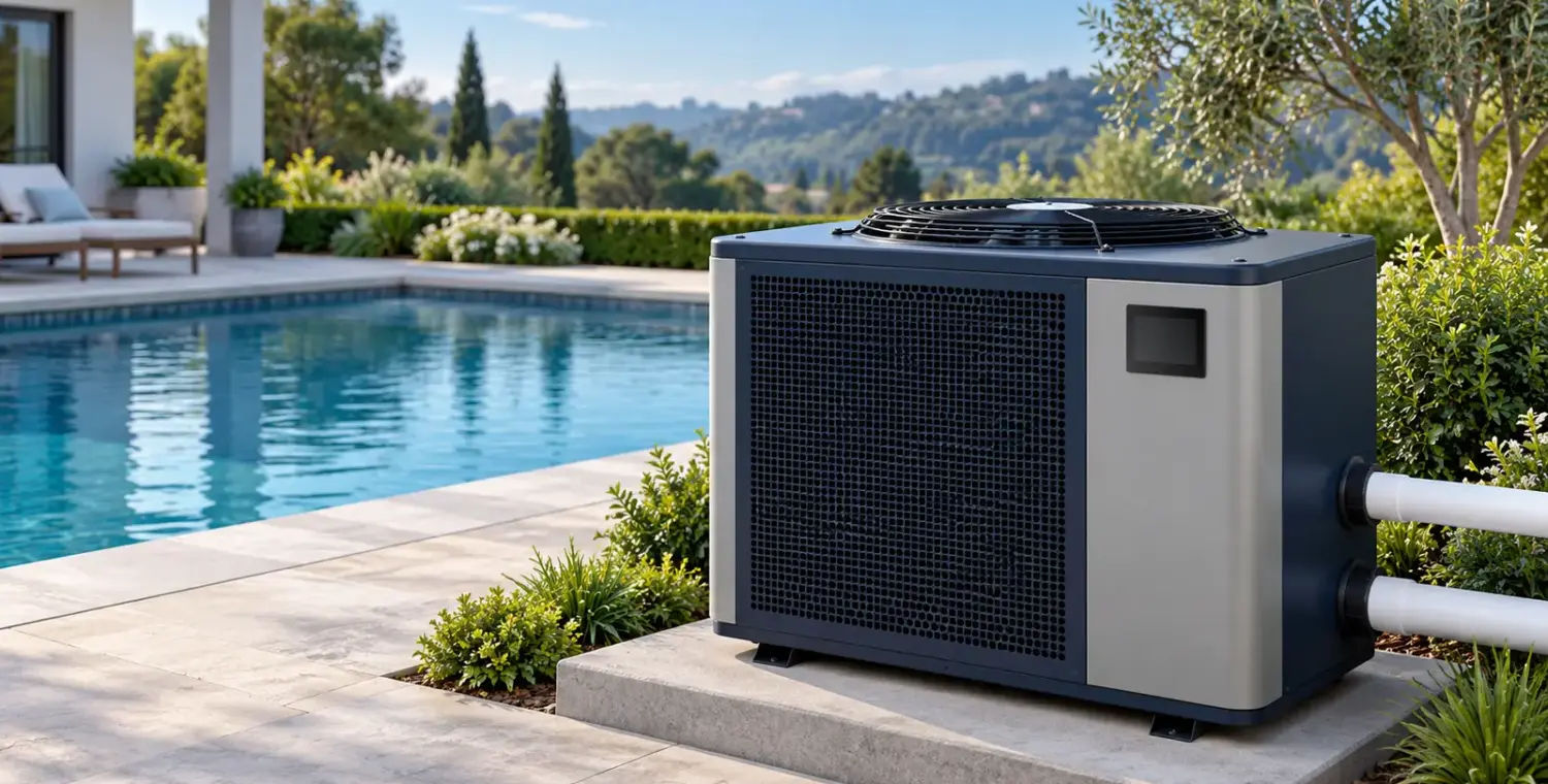 Illustration of a closed outdoor pool heat pump with a protected fan grille in an open garden
