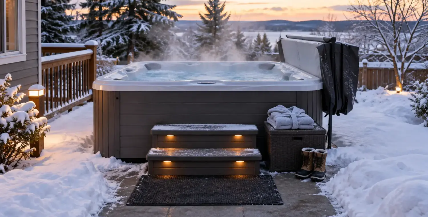 Hot tub ready for safe cold-weather use with cleared footing and lighting