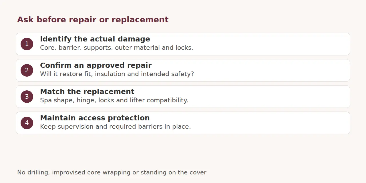 Four questions cover actual damage, approved repair, compatible replacement and access protection.