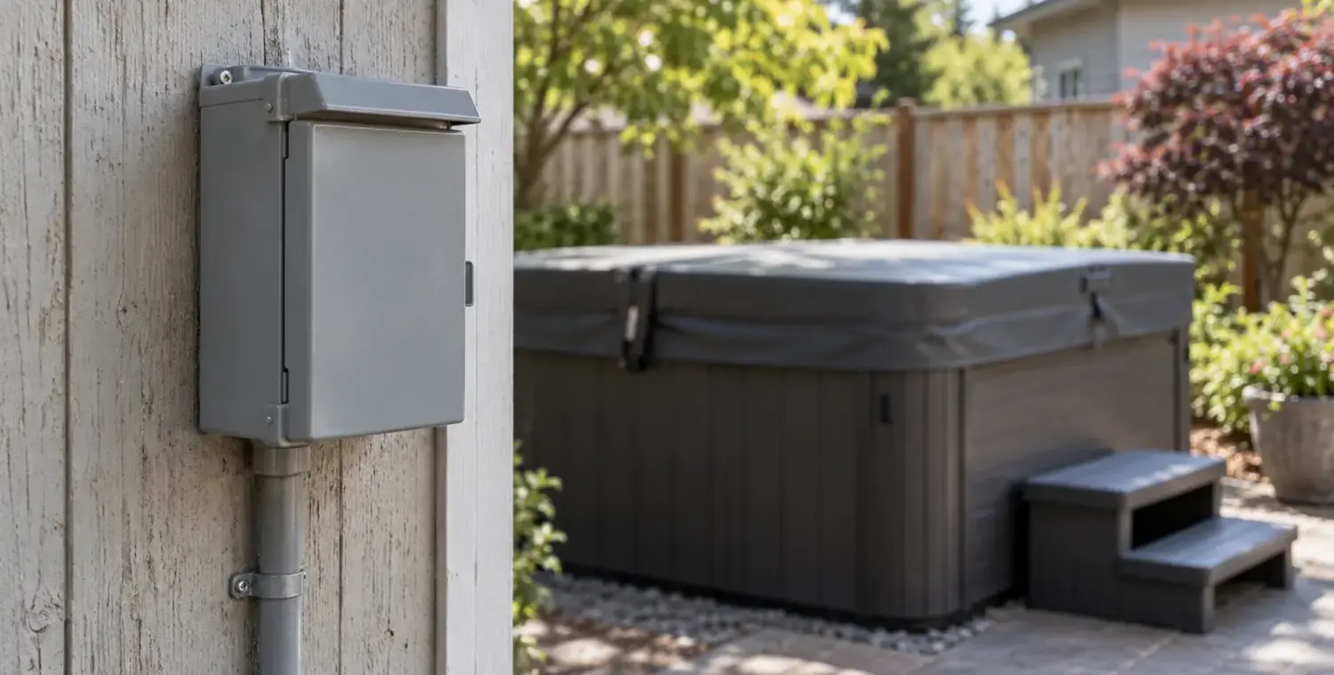 A closed gray electrical enclosure with a conduit stands in front of a covered backyard hot tub.
