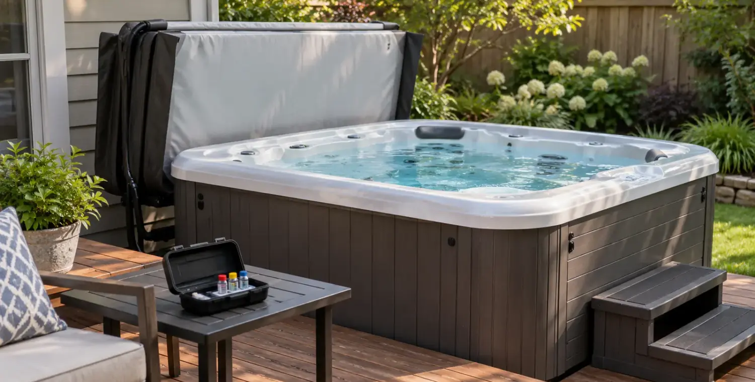 A backyard hot tub with its cover folded behind it and a small water-testing case on a side table.