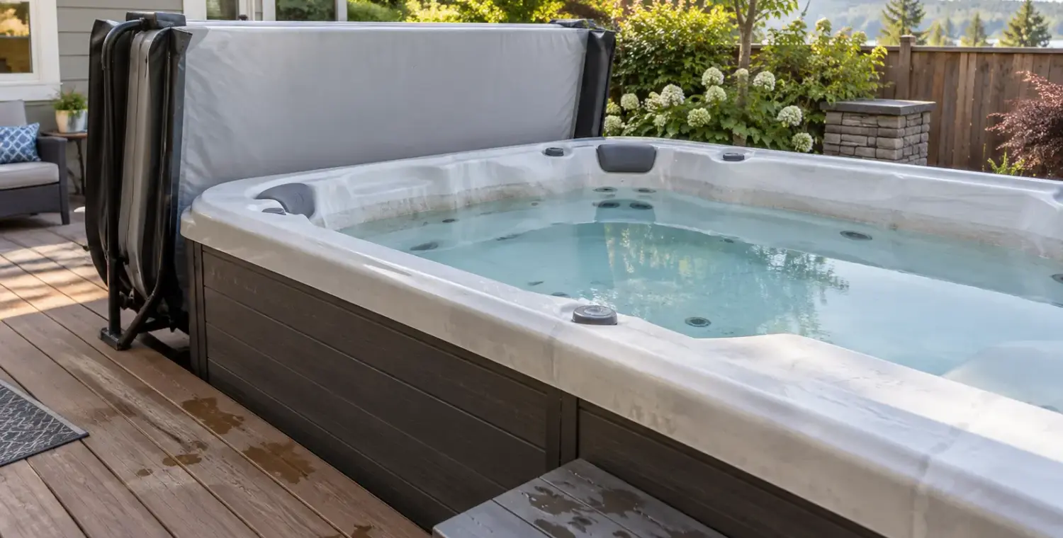 An outdoor hot tub has a visible shell waterline, an open folded cover and wet marks on nearby decking.