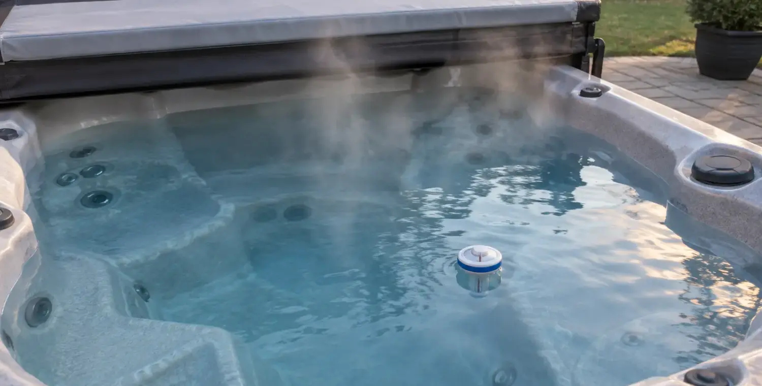 Hot tub water warming up with steam rising on a cool evening