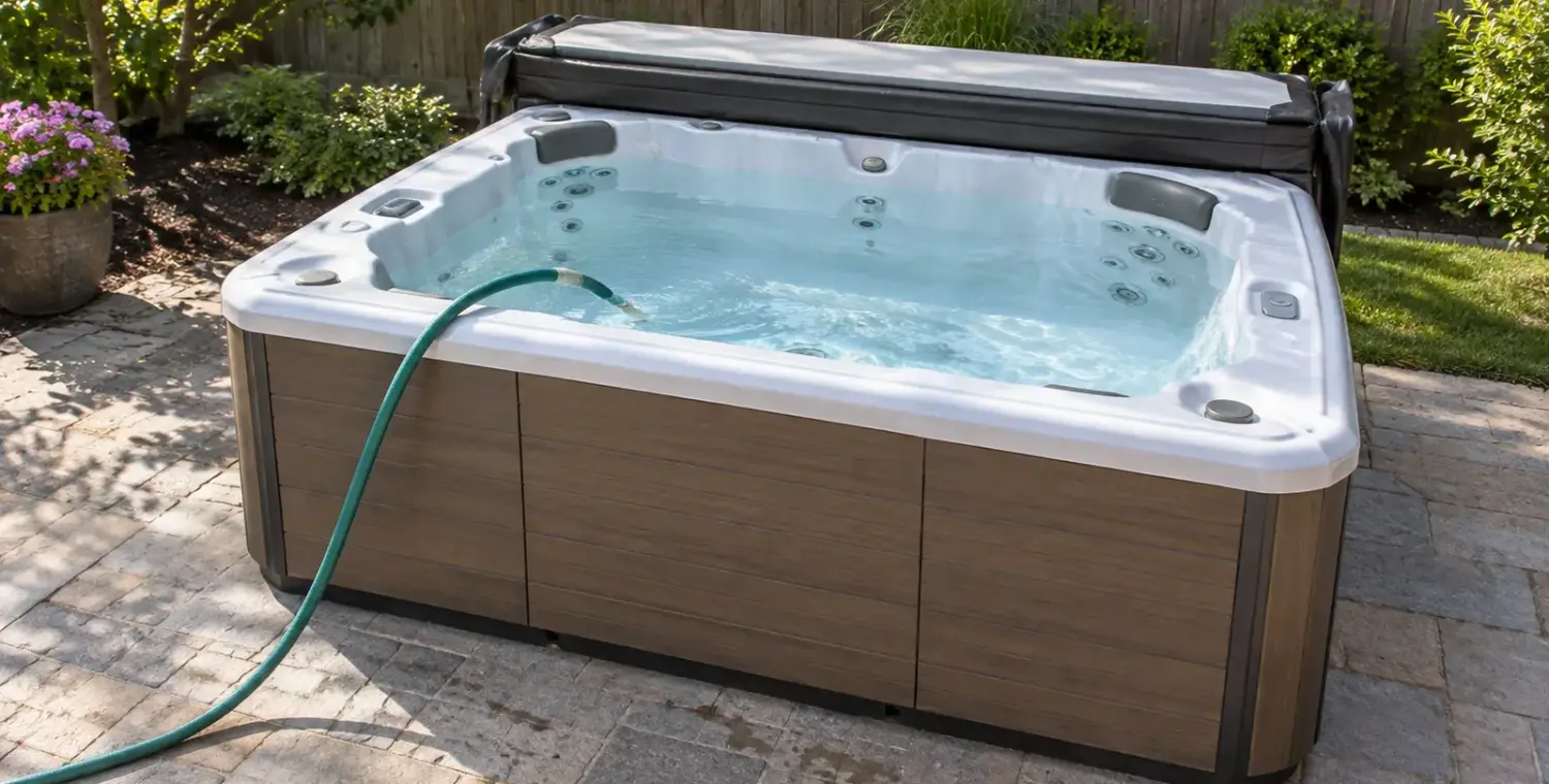 Hot tub being refilled with a garden hose over the rim
