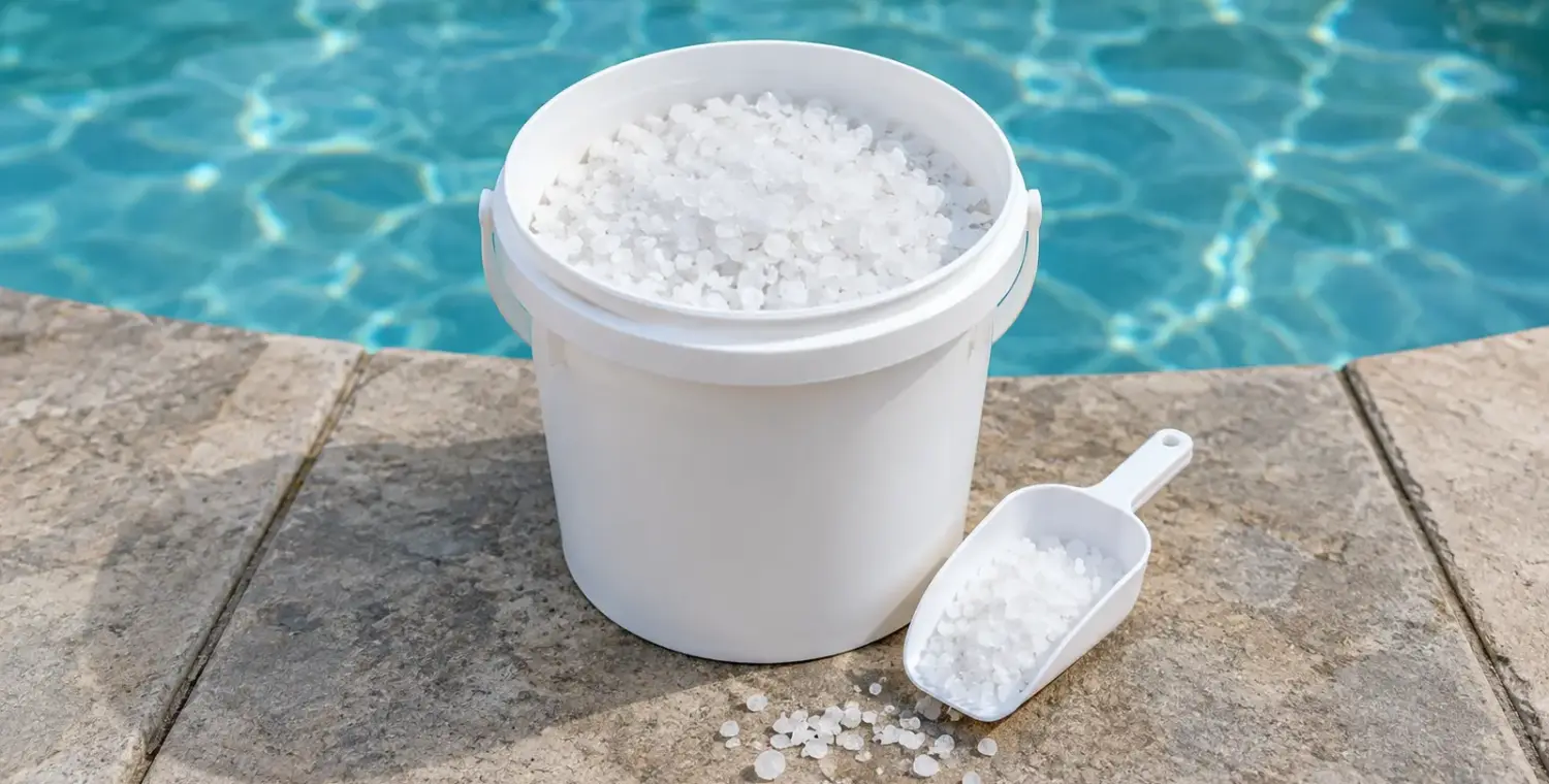 Bucket of coarse pool salt on the edge of a backyard pool