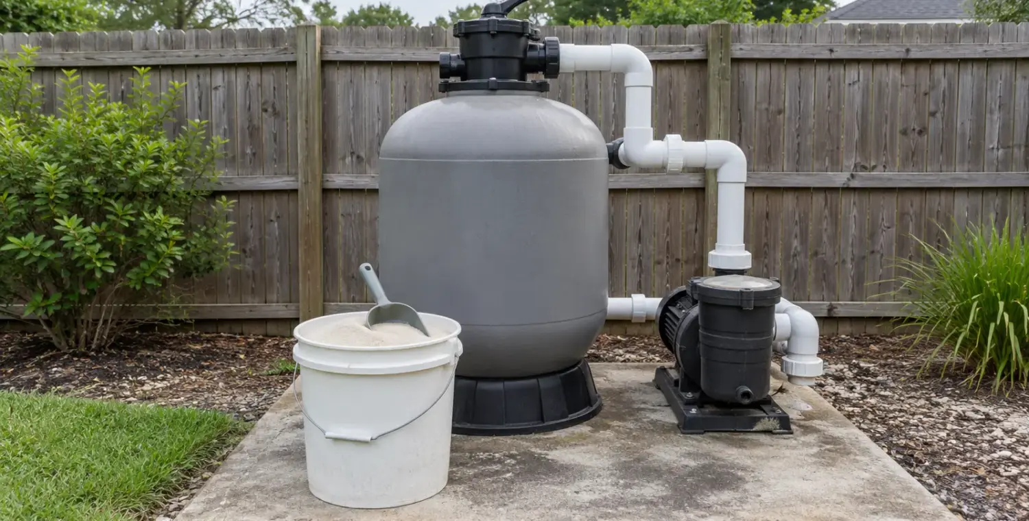 Sand filter tank on an equipment pad with a bucket of pale filter sand