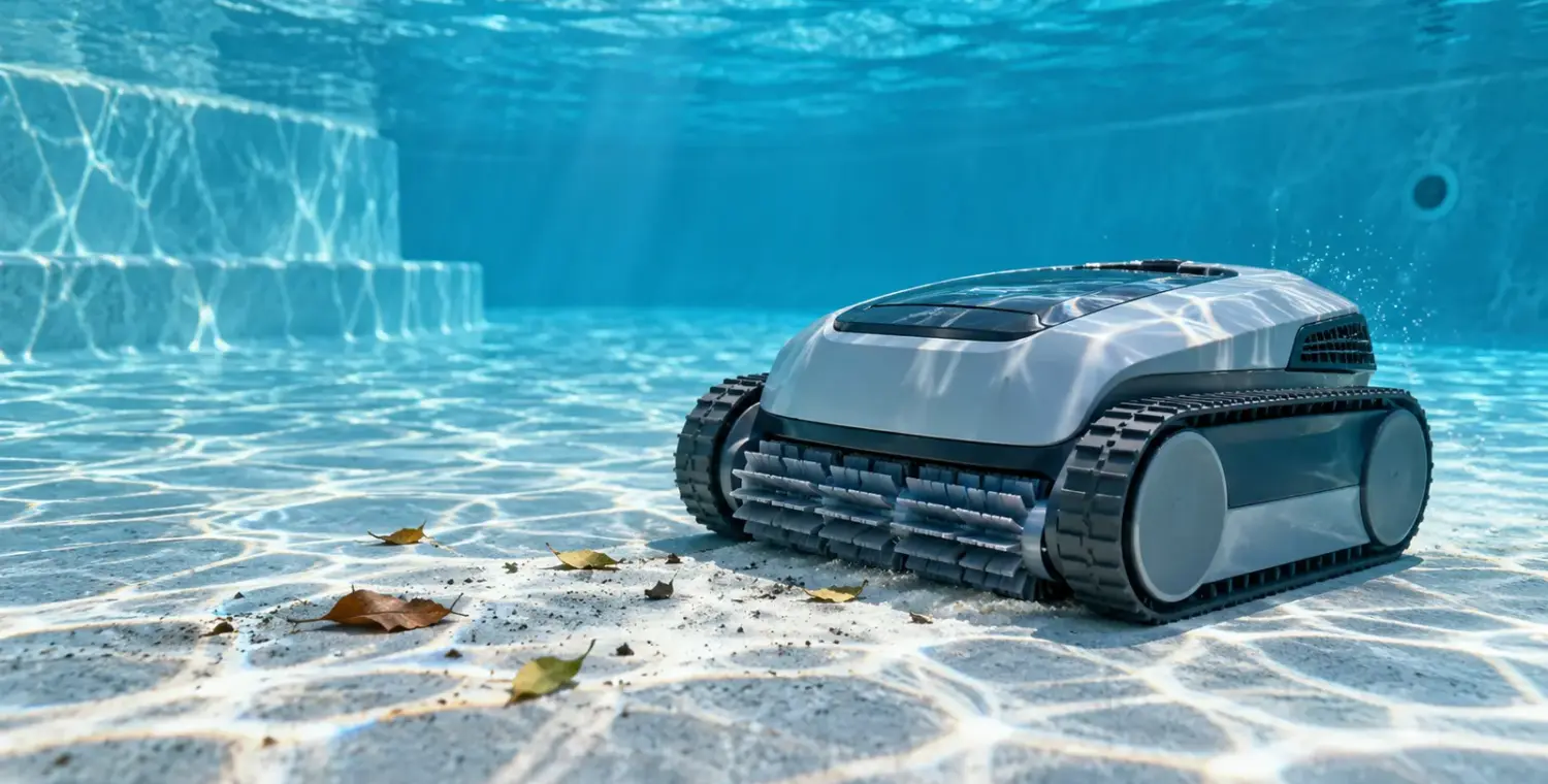 A robotic pool cleaner on a pale pool floor in clear blue water with a few small leaves nearby