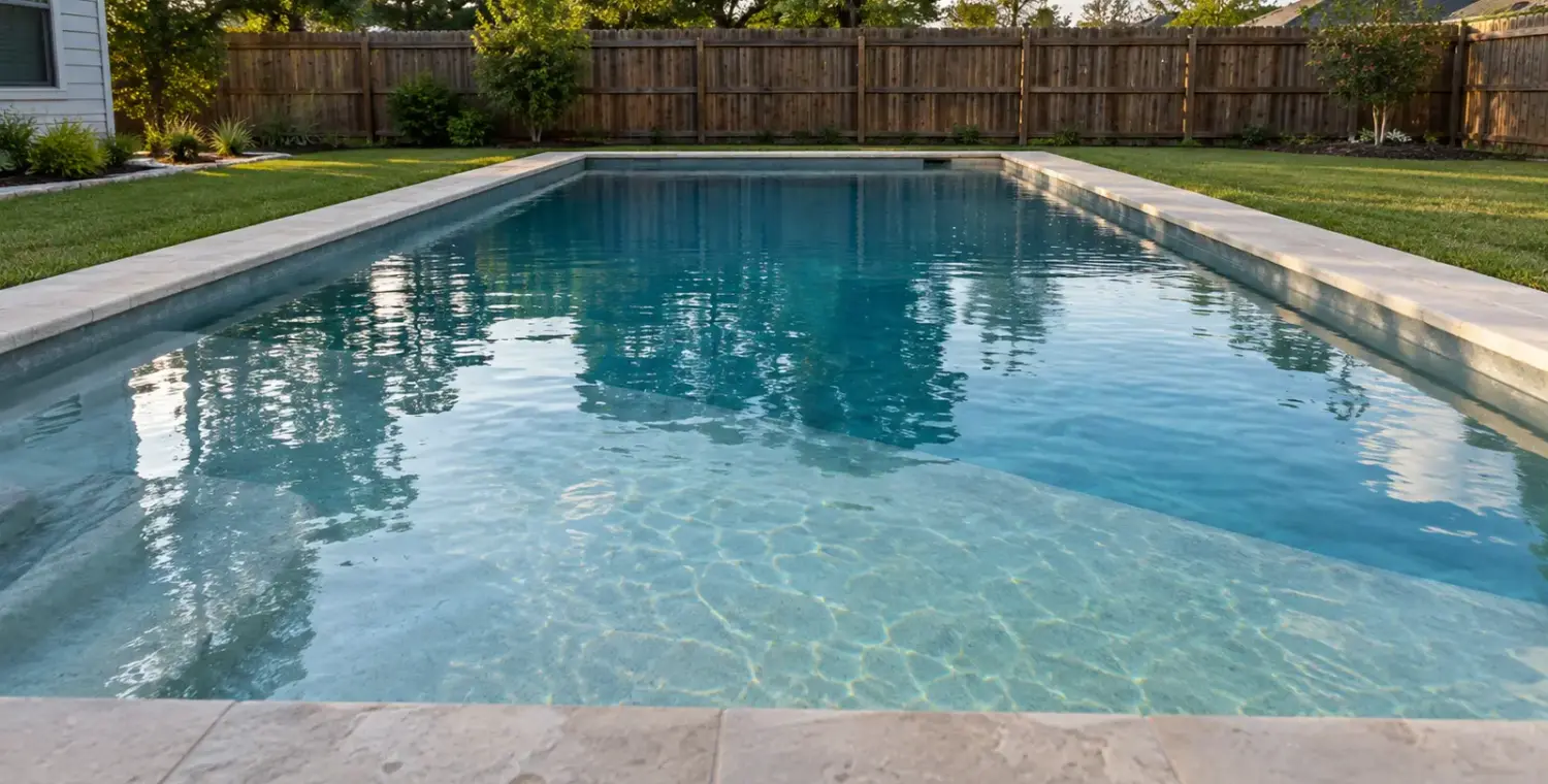 Rectangular backyard pool with the floor sloping from shallow to deep end