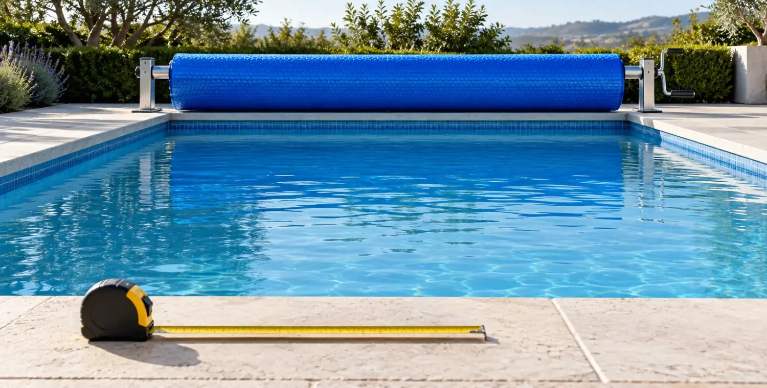 A rolled blue solar blanket on a poolside reel with a tape-measure case on the dry coping