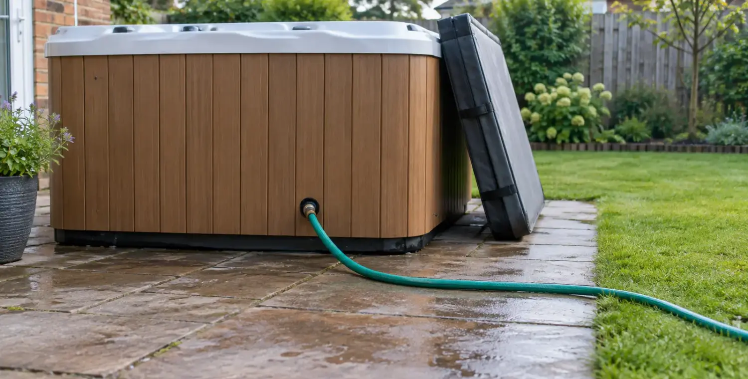 Garden hose draining a hot tub across a backyard patio