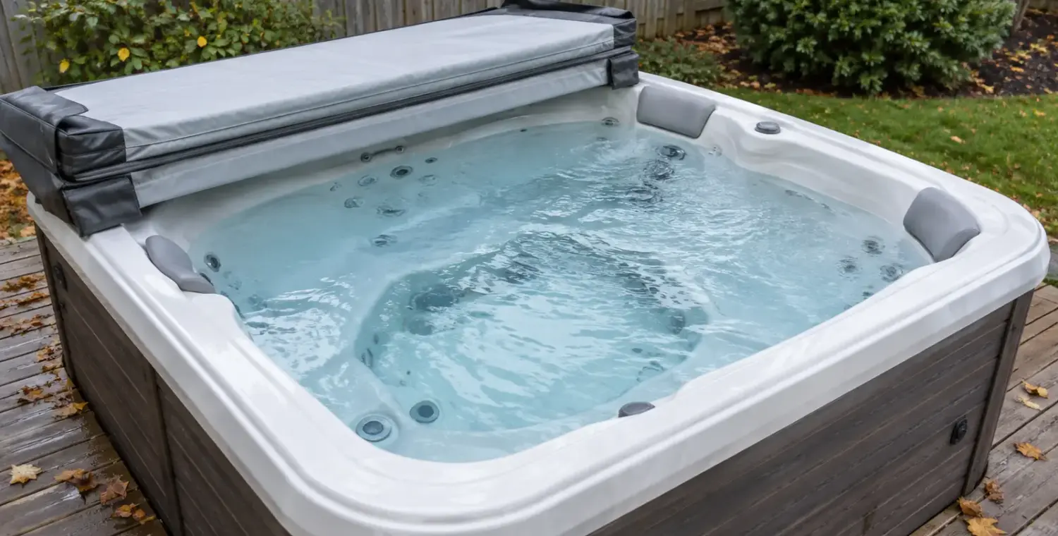 Hot tub with the cover folded back and clear water