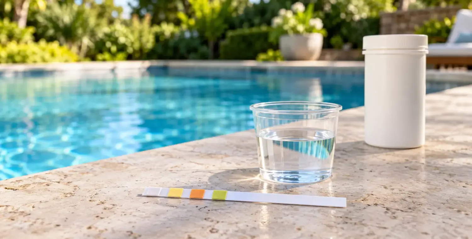 A multi-pad pool test strip beside a clear water sample cup and a closed strip container on a dry poolside table