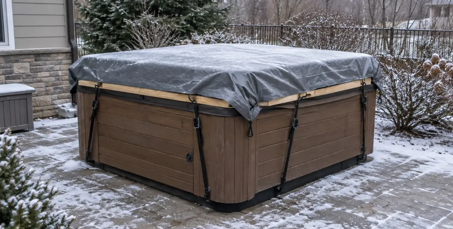 Hot tub closed up for winter under plywood and a tarp