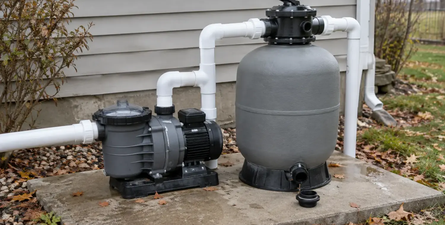Pool pump and sand filter being drained for winter