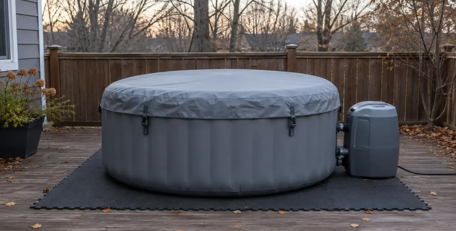 Inflatable hot tub covered and set up on a sheltered deck in cold weather