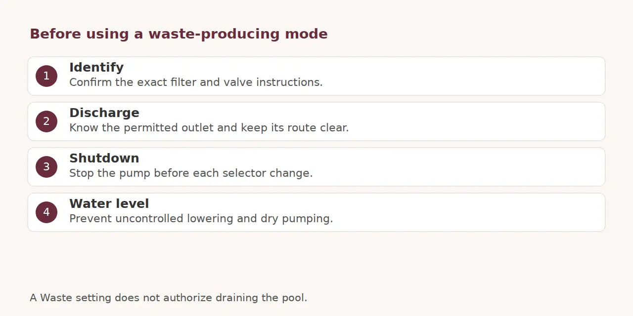 Checklist covering manual identification, permitted discharge, pump shutdown and water-level protection.