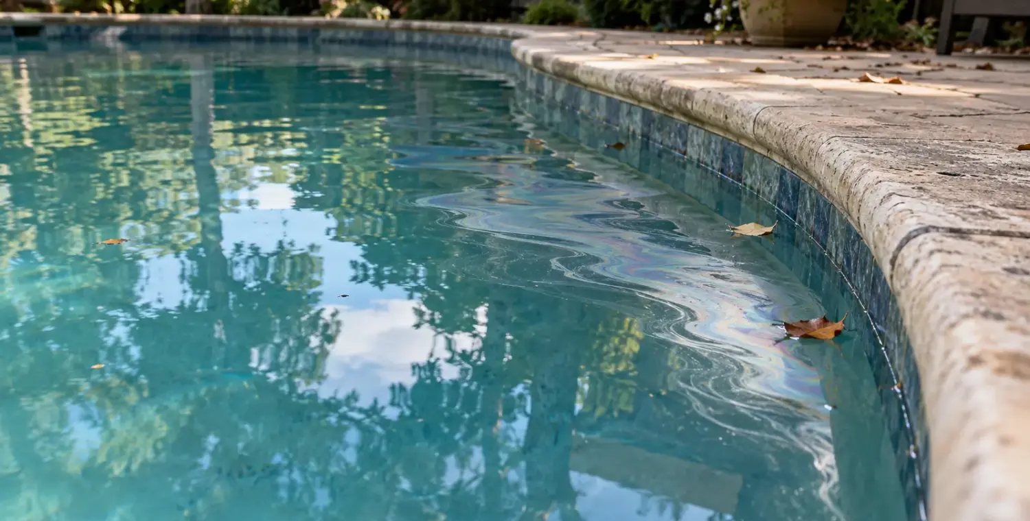 A thin iridescent surface sheen beside the stone edge of a backyard swimming pool.