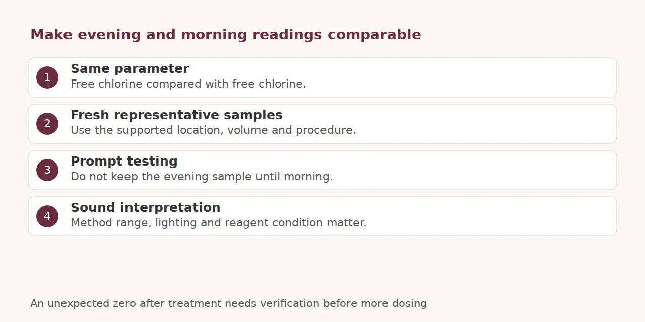 Checklist for comparing fresh free-chlorine measurements with consistent method and sound reagents.