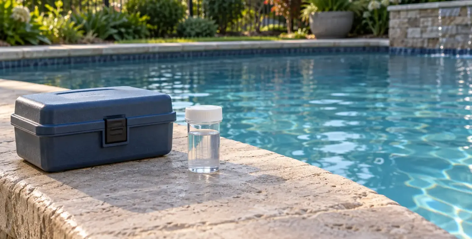 A capped water sample container and closed testing case sit on pool coping in morning light.