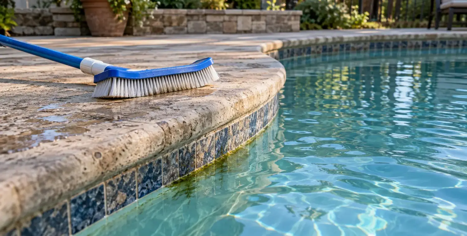 A pool brush rests on worn coping beside a small green film along the tiled waterline.