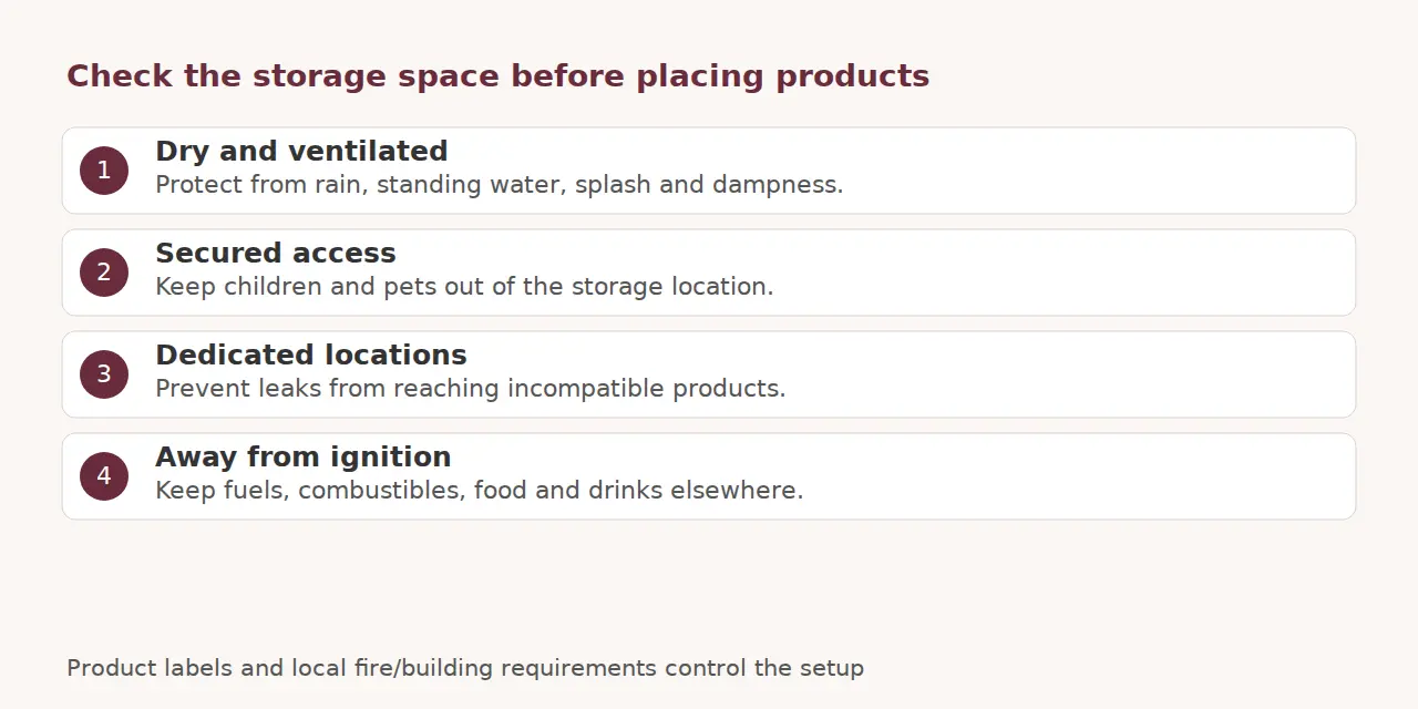 Storage-space checklist: dry ventilation, secured access, dedicated locations and separation from ignition sources.