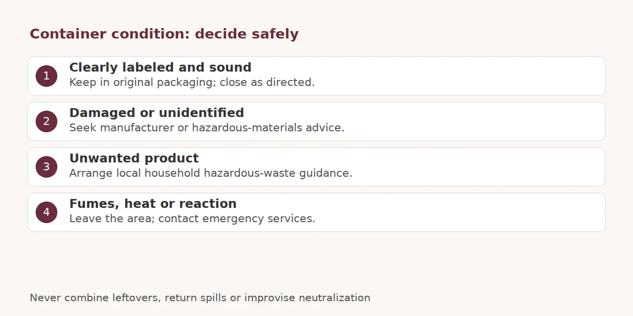 Container decisions: keep original sound packaging, seek help for damage, arrange waste guidance or leave for emergencies.