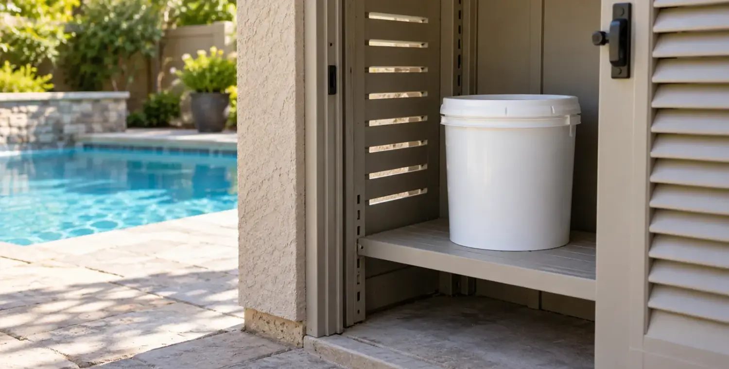 A closed white container sits alone on a low shelf in a ventilated backyard storage alcove.