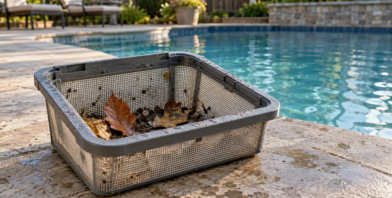A rectangular mesh cleaner basket holding wet leaves and grit on a pool deck.