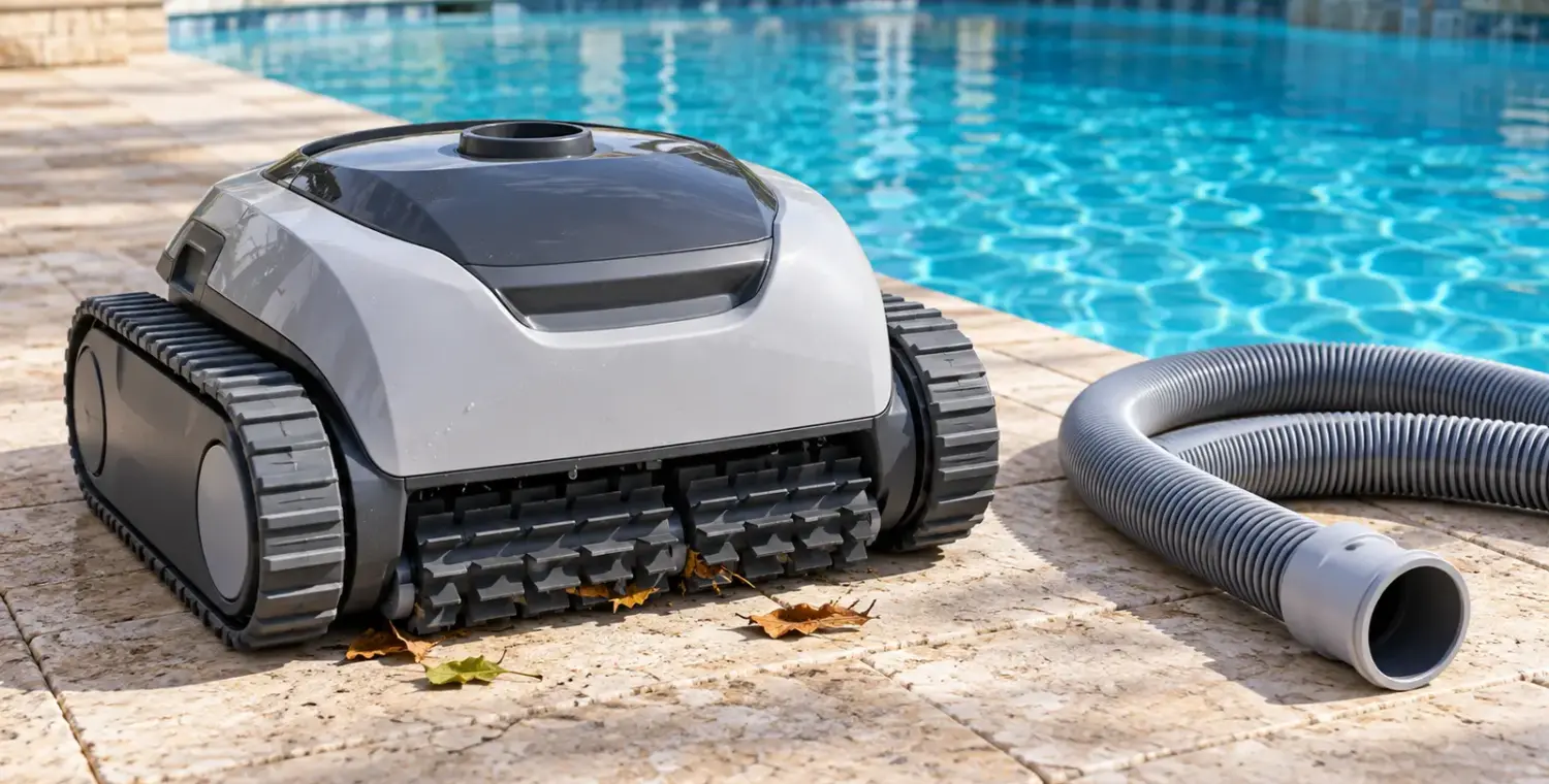 A tracked suction-side pool cleaner and disconnected ribbed hose on a dry deck beside a blue pool