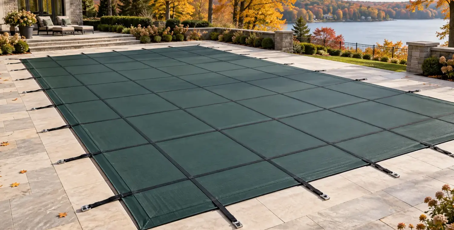 A dark green mesh-style cover with reinforced straps spanning a rectangular backyard pool