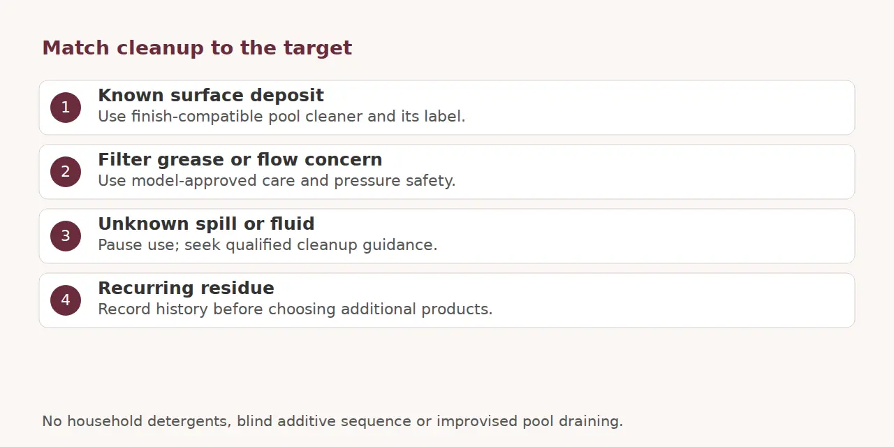 Guide matching known surface deposits, filter concerns, unknown spills and recurring residue to next steps.