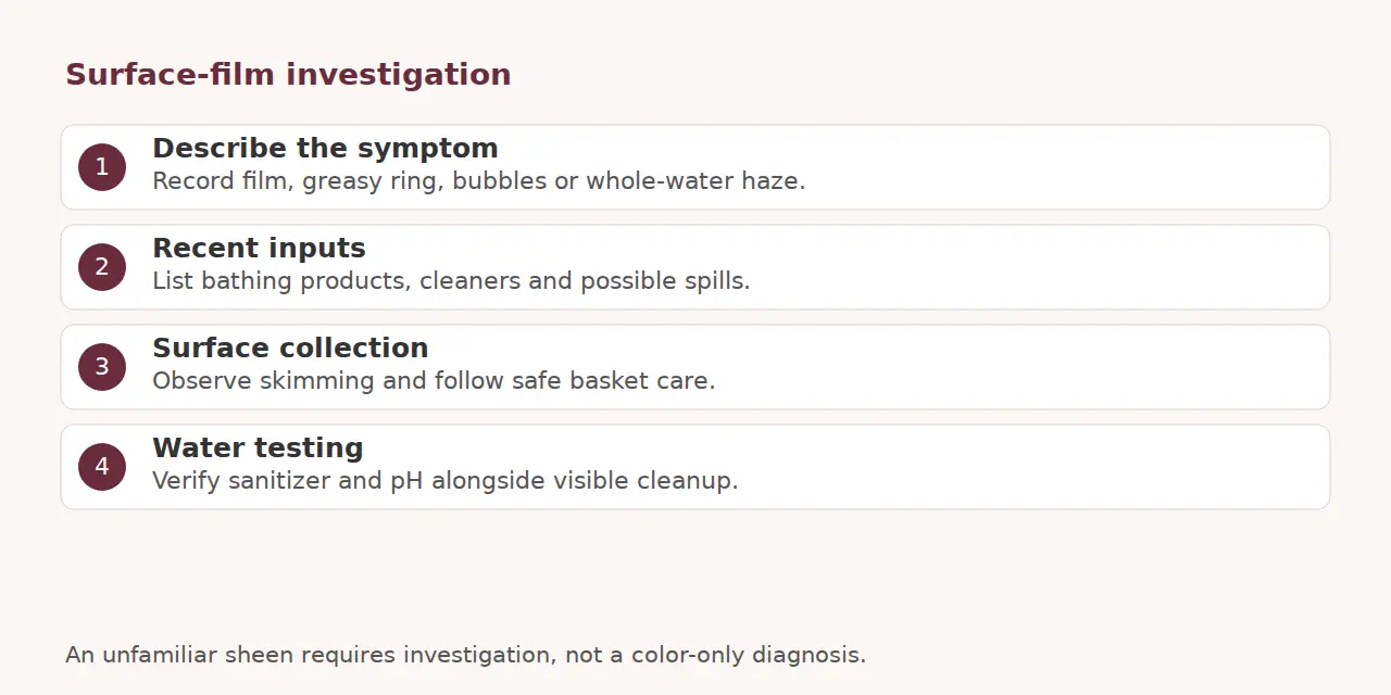 Checklist distinguishing the symptom, recent inputs, surface collection and water testing.