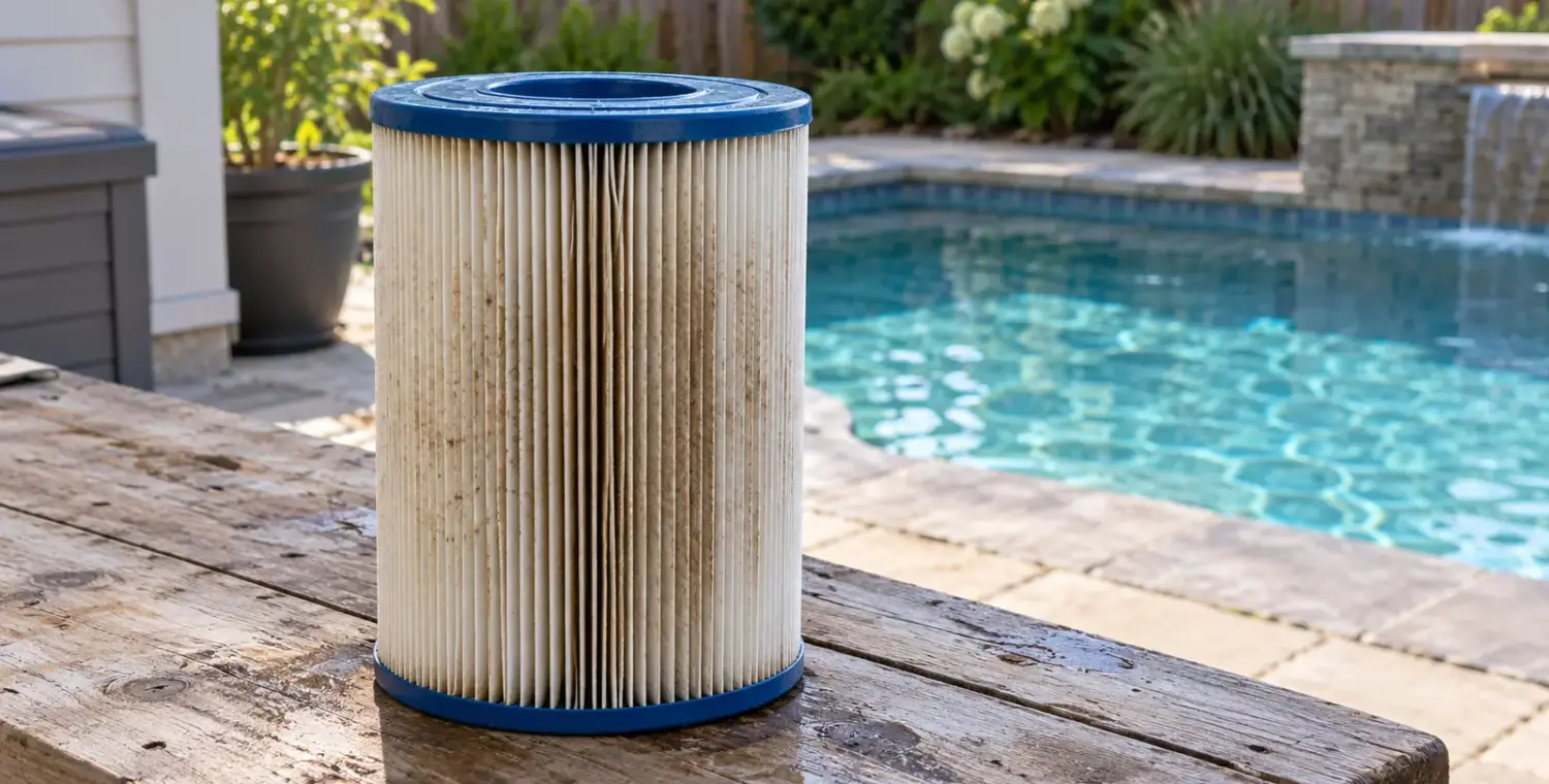 A used pleated pool filter cartridge with blue end caps stands on a weathered bench beside a backyard pool.